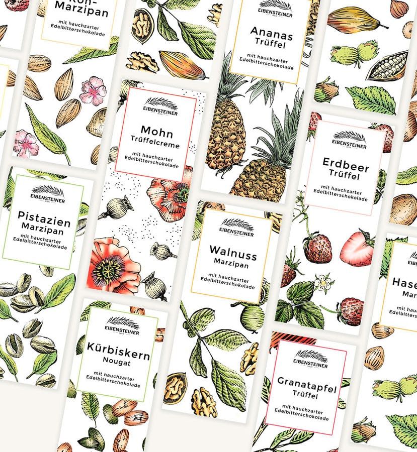 Schokoladeverpackungen mit Illustrationen für Eibensteiner